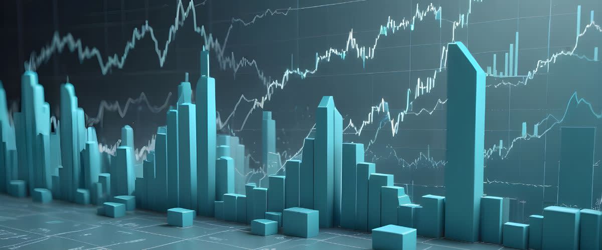 Perhimpunan pasaran saham: Gambar dekat carta saham pada latar belakang biru.
