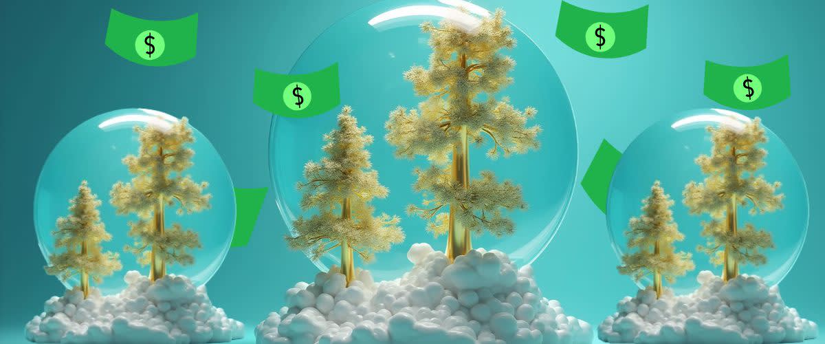 Sell gold: Trees in a glass dome sprout money, symbolizing wealth from gold sales.