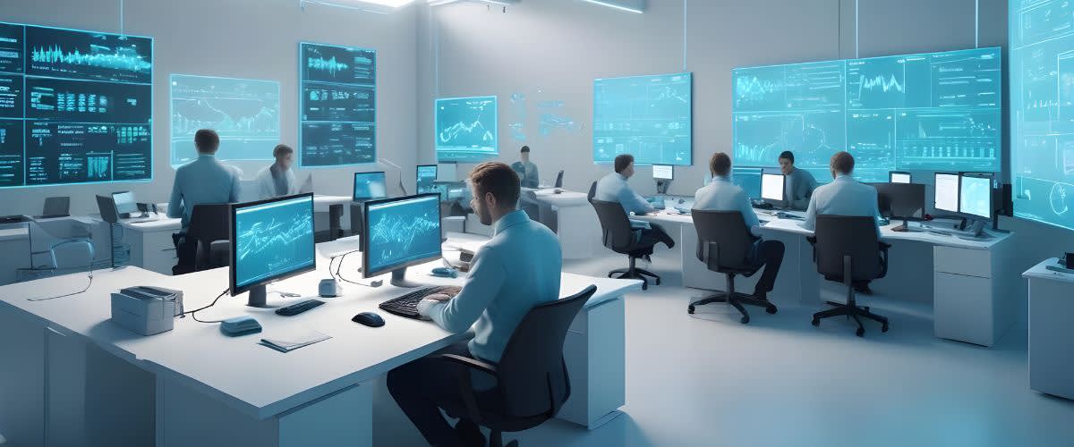 Commodities trading: A team of traders in a computer-filled room.