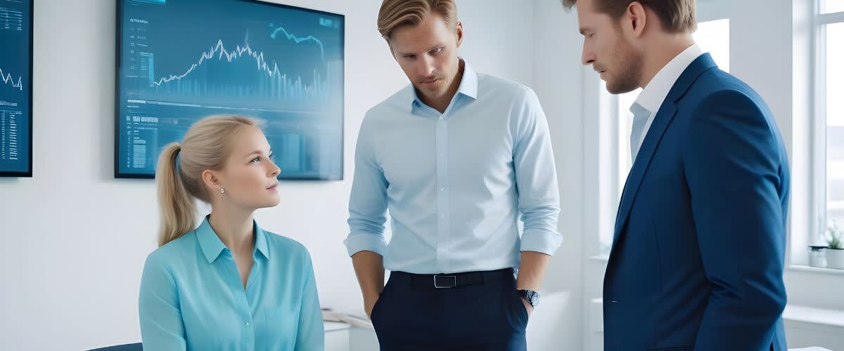 Financial broker: Meeting among 3 brokers around a table with a computer screen.