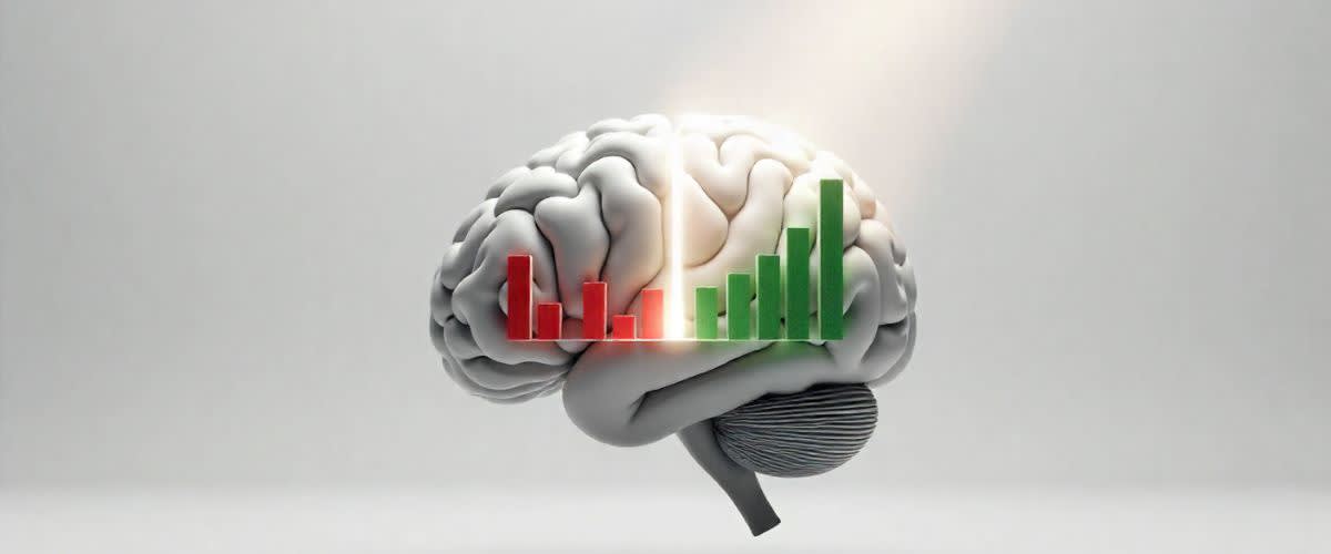Minimalist image: brain split with red chaos vs green order candlesticks, light on disciplined side.