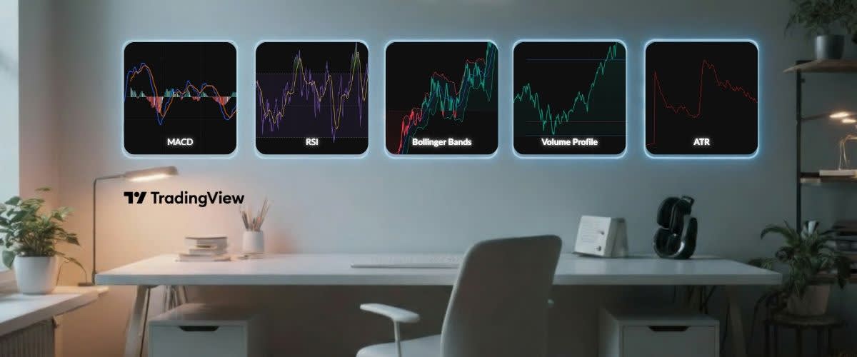 Minimalistisk arbetsyta med digitala diagram som visar fem viktiga TradingView-indikatorer.