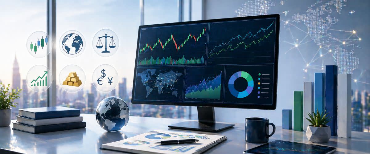 Espace de travail financier moderne avec graphiques et visualisation d’actifs diversifiés