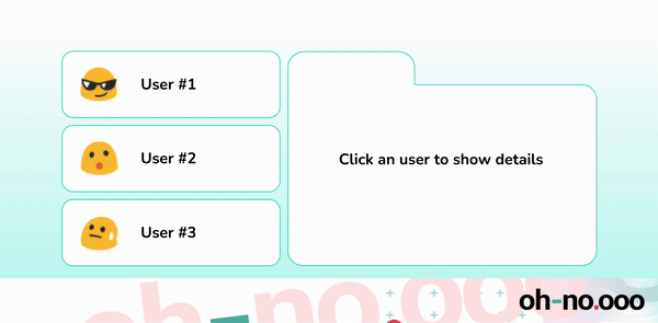 Representation of an interface where clicking on different list items (user profiles) too fast might result in misleading UI results. User #1 information will load with no issues; User #2 information will still be loading as the fetch request is still on its way, User #3 information will be only briefly displayed, as finally User #2 request is fulfilled.