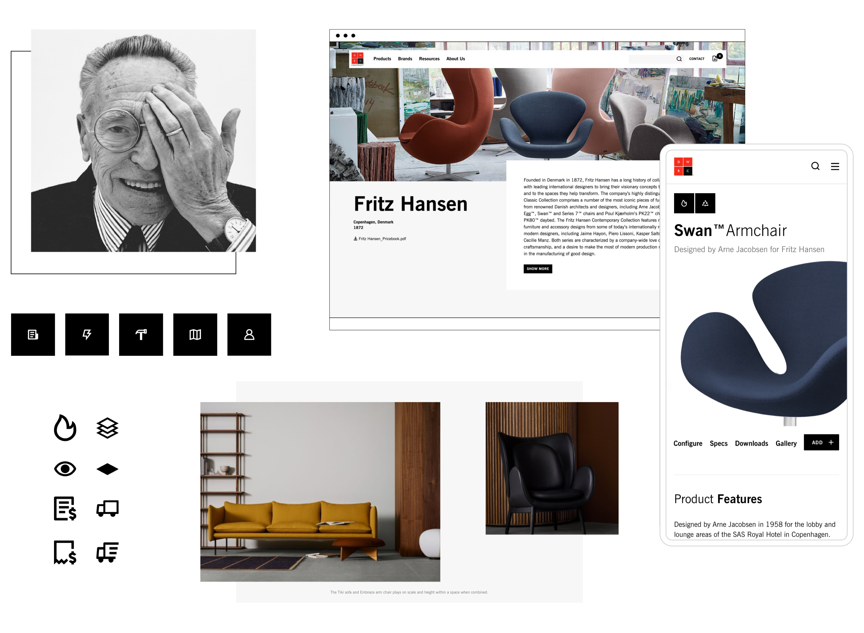 Collage of design elements including designer Achille Castiglioni wearing a suit and tie, spectacle eyeglasses with one hand over left eye. Fritz Hansen brand detail page, and DWRC site details
