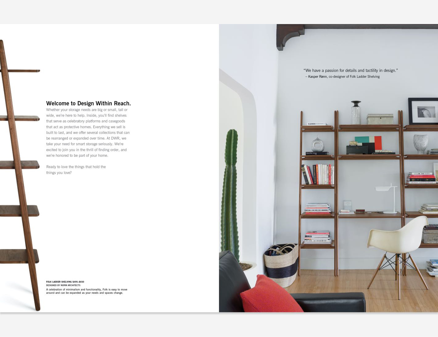 DWRC catalog pages featuring storage products. Bookshelves with books, decorative accessories, and a chair in front