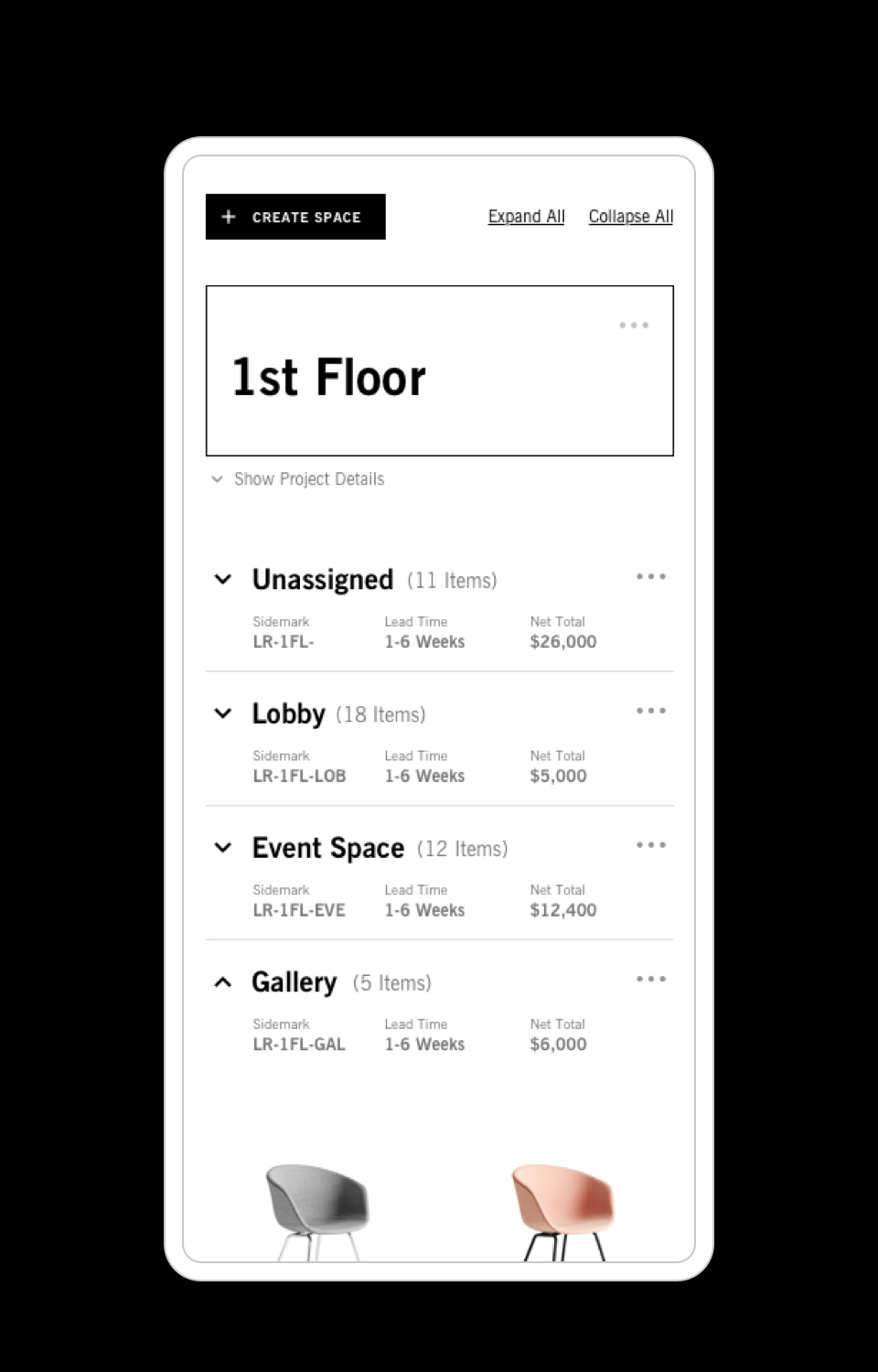 DWRC mobile account screen showing order arranged by 1st floor project location 