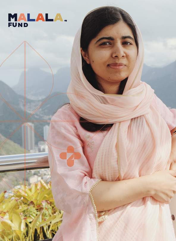 Malala Yousafzai wearing a pink scarf standing on a balcony with mountains in the background with Malala Fund logo elements.