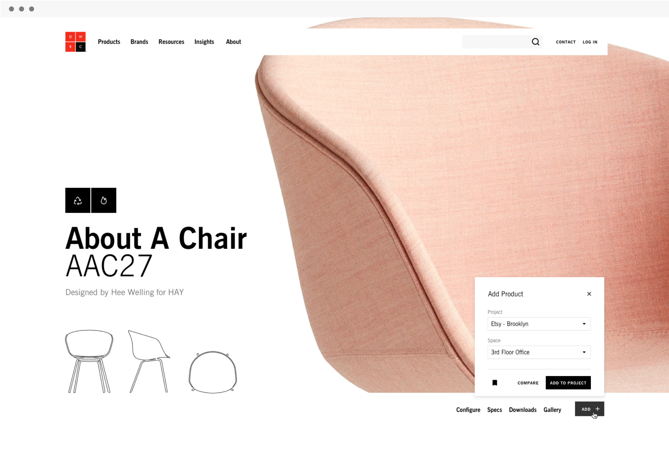 DWRC product detail webpage featuring AAC27 chair