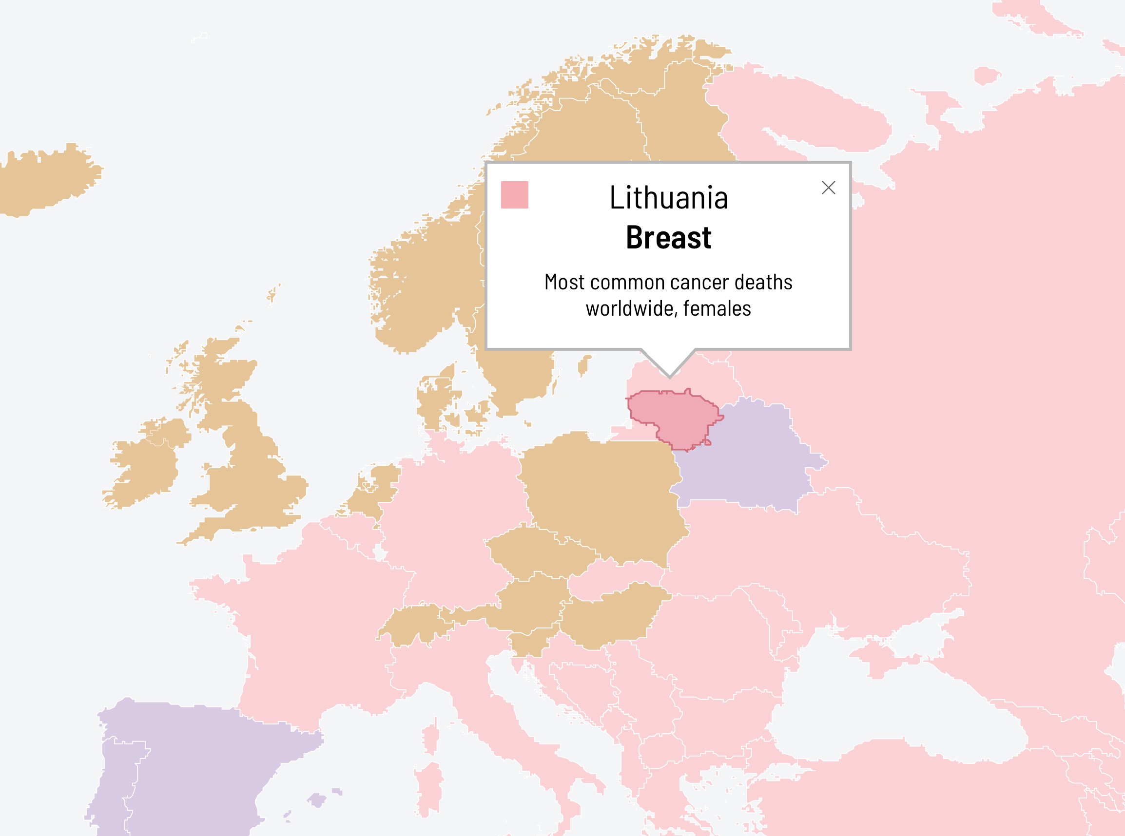 Map of Europe. Headline reads, Lithuania, Breast, most common cancer deaths worldwide females