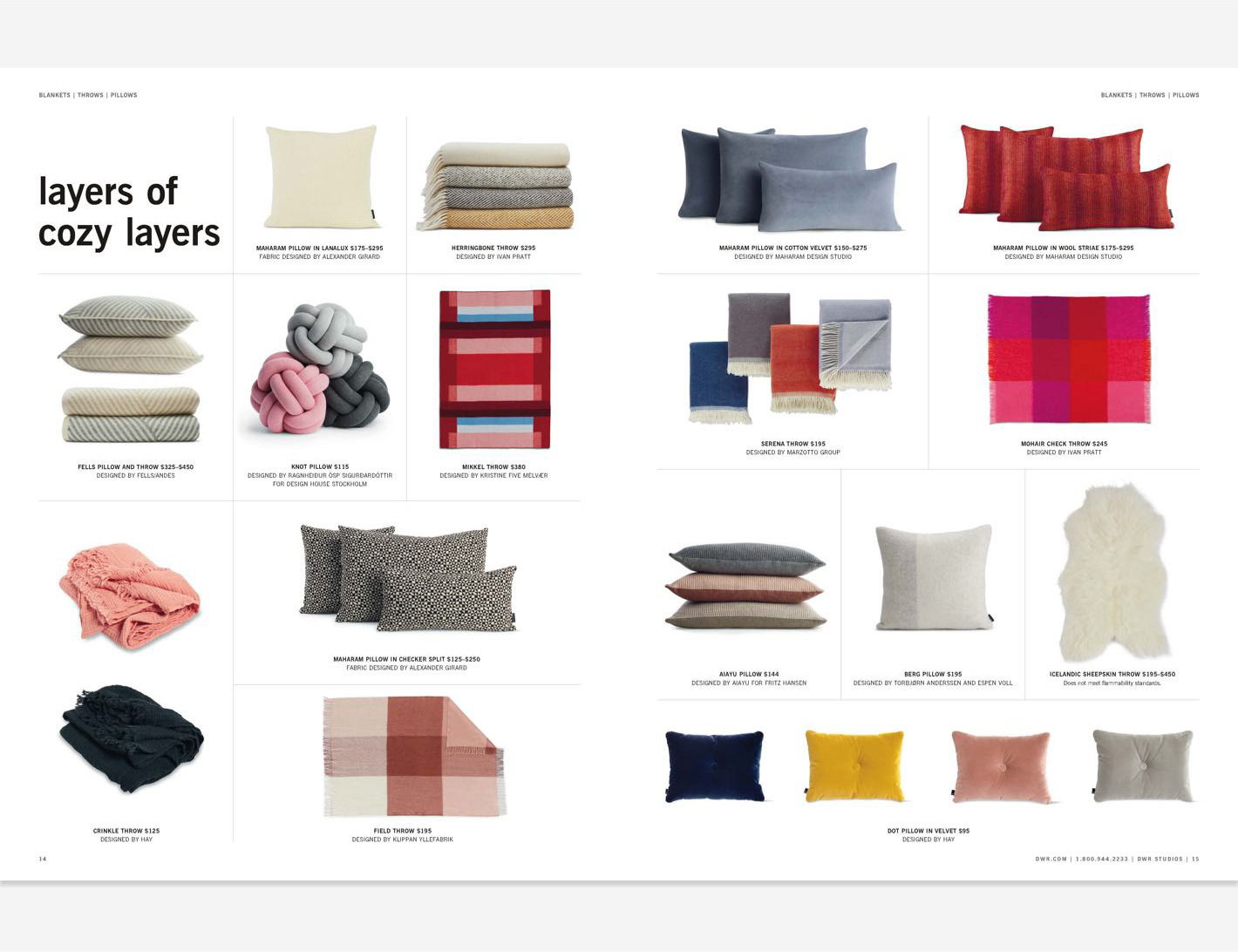 DWRC catalog pages featuring pillows, blankets and throws. Headline reads Layers of Cozy Layers