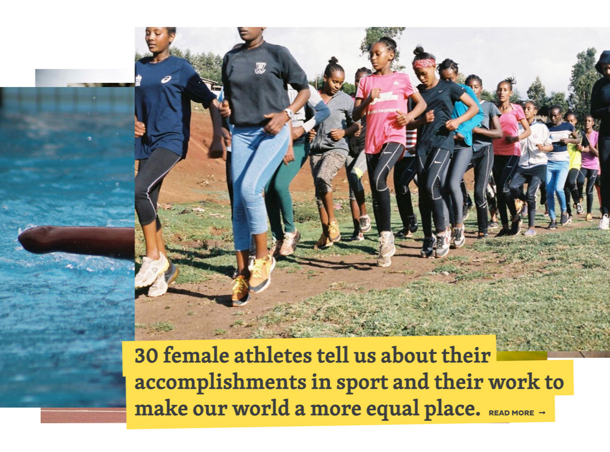 Detail of interactive carousel from Malala Fund's Assembly website. Top image shows a group of young women running with caption "30 female athletes tell us about their accomplishments in sport and their work to make our world a more equal place"