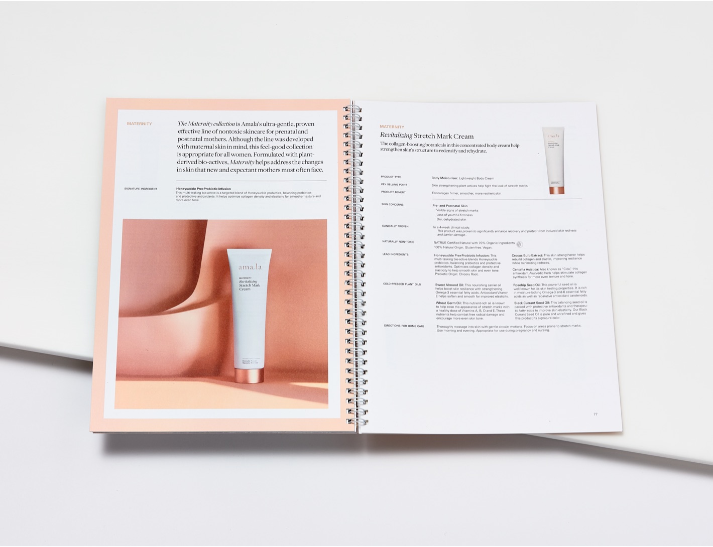 Amala training manual spread featuring Revitalizing Stretch Mark Cream