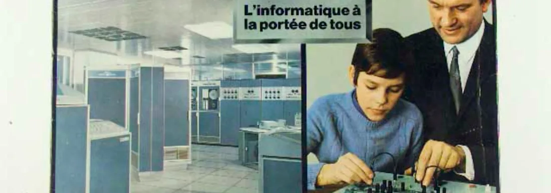 Vintage photograph of a child and an adult working on a 1970s computer, with the words 'L'information a la portee de tous'