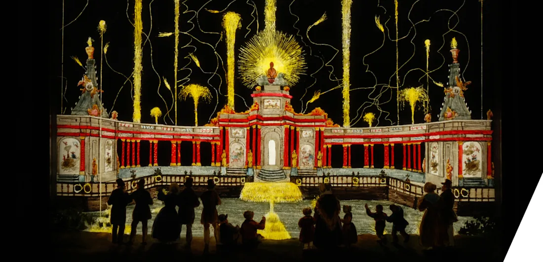 Perspective box of black lacquered wood with three painted glass plates: depiction of fireworks
