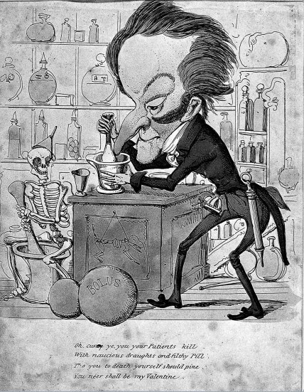 Caricature: Valentine print, grotesque apothecary. Credit: Wellcome Library, London. Coloured etching circa 1850. Copyrighted work available under Creative Commons by-nc 2.0 UK