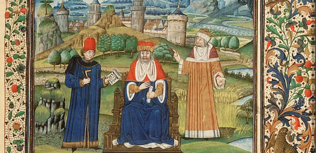 A medieval manuscript illustration showing three men in discussion, one on a throne.