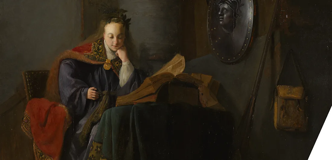 A woman bends over a thick book. She is richly dressed with a leaf crown.