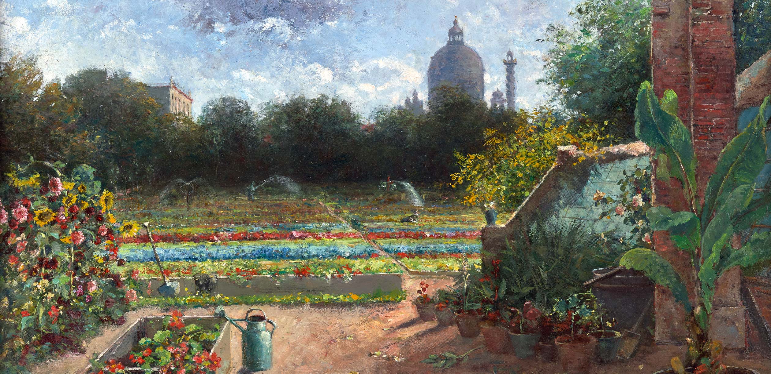 colour painting of a garden with blooming flowers and plants and city buildings in the background.