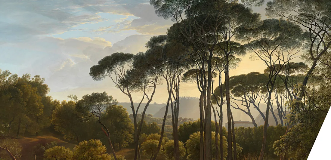 The gardens of the Villa Borghese in Rome in the late afternoon. The sun casts long shadows, and the trees stand out sharply against the sky. Strolling figures are enjoying the magnificent sunset. In the foreground, an artist is seated against a tree and drawing.