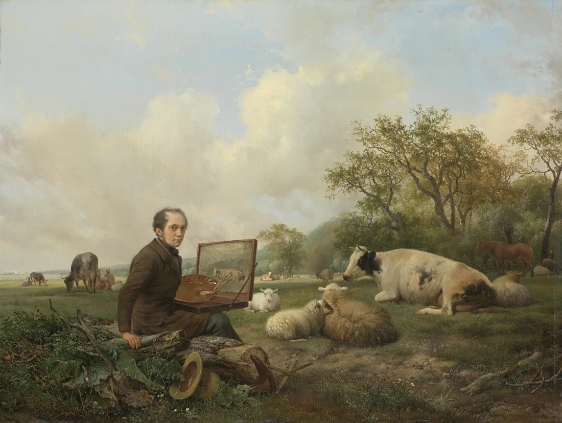 colour painting, .a painter sits on a tree trunk with palette and brushes in hand and the painter's box with the painting on his knees. His hat and crutch lie in the grass next to the tree. In front of him are sheep and a cow in the meadow.