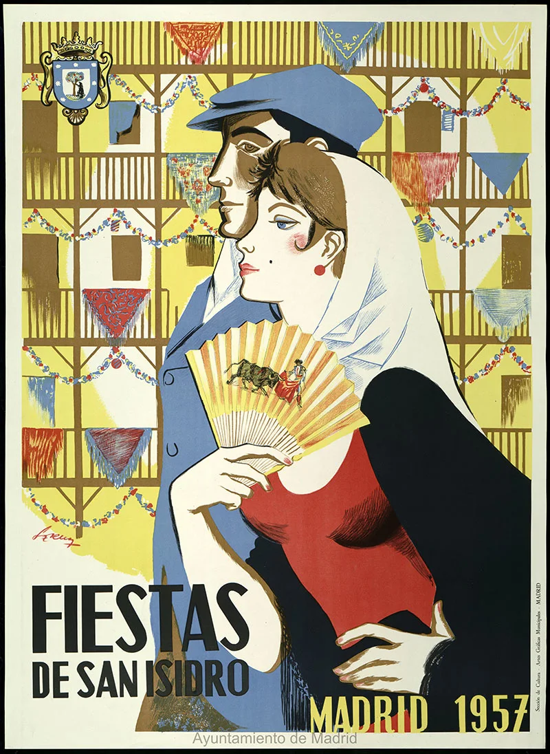 un cartel de las Fiestas de San Isidro con una ilustración de un hombre y una mujer de perfil, vestidos de chulapa y chulapo, ella sostiene un abanico amarillo.