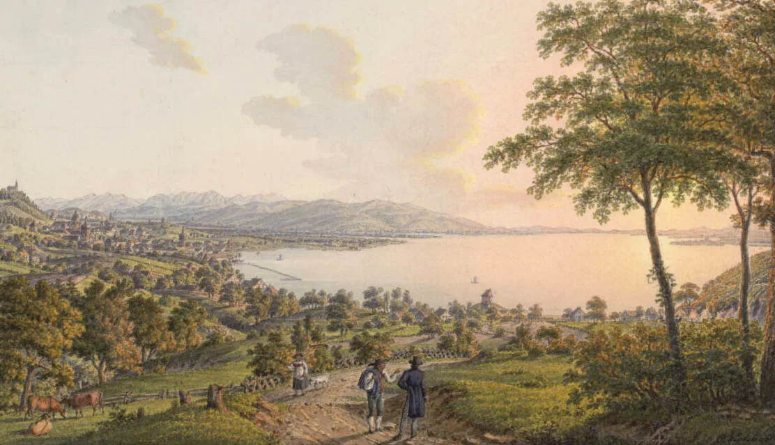 colour drawing showing a view of Bregenz and lake from a hill.