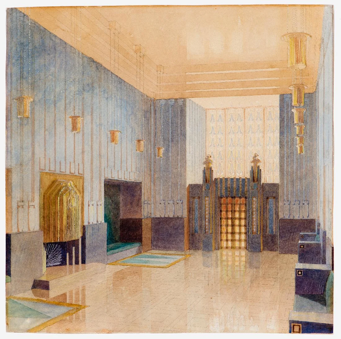 Art Deco style room with tall ceilings, geometric patterns, and large windows letting in natural light.