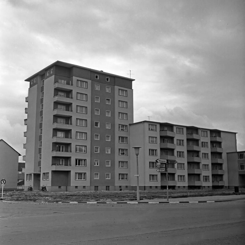 High rise building on a street at Wolfsburg, Germany 1950s.
