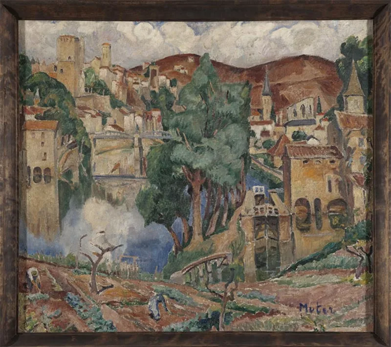 colour painting, a city landscape surrounding a lake with a tree on its bank
