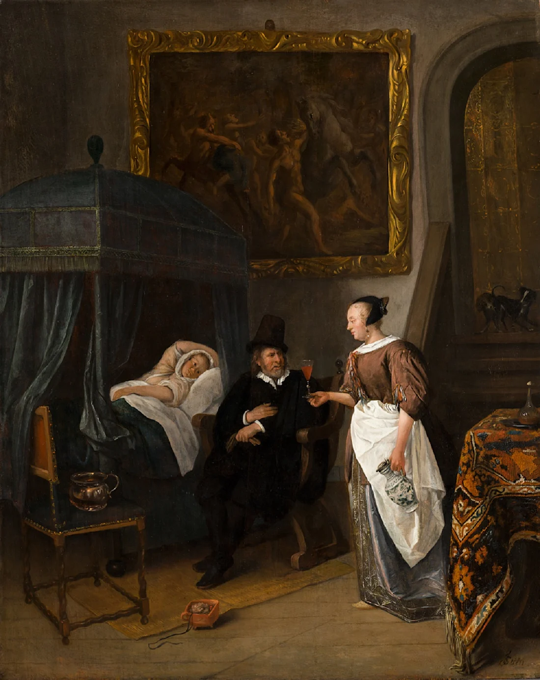A sick girl lies in bed, propped up by pillows. The doctor visiting her is having his glass filled by the maid. 