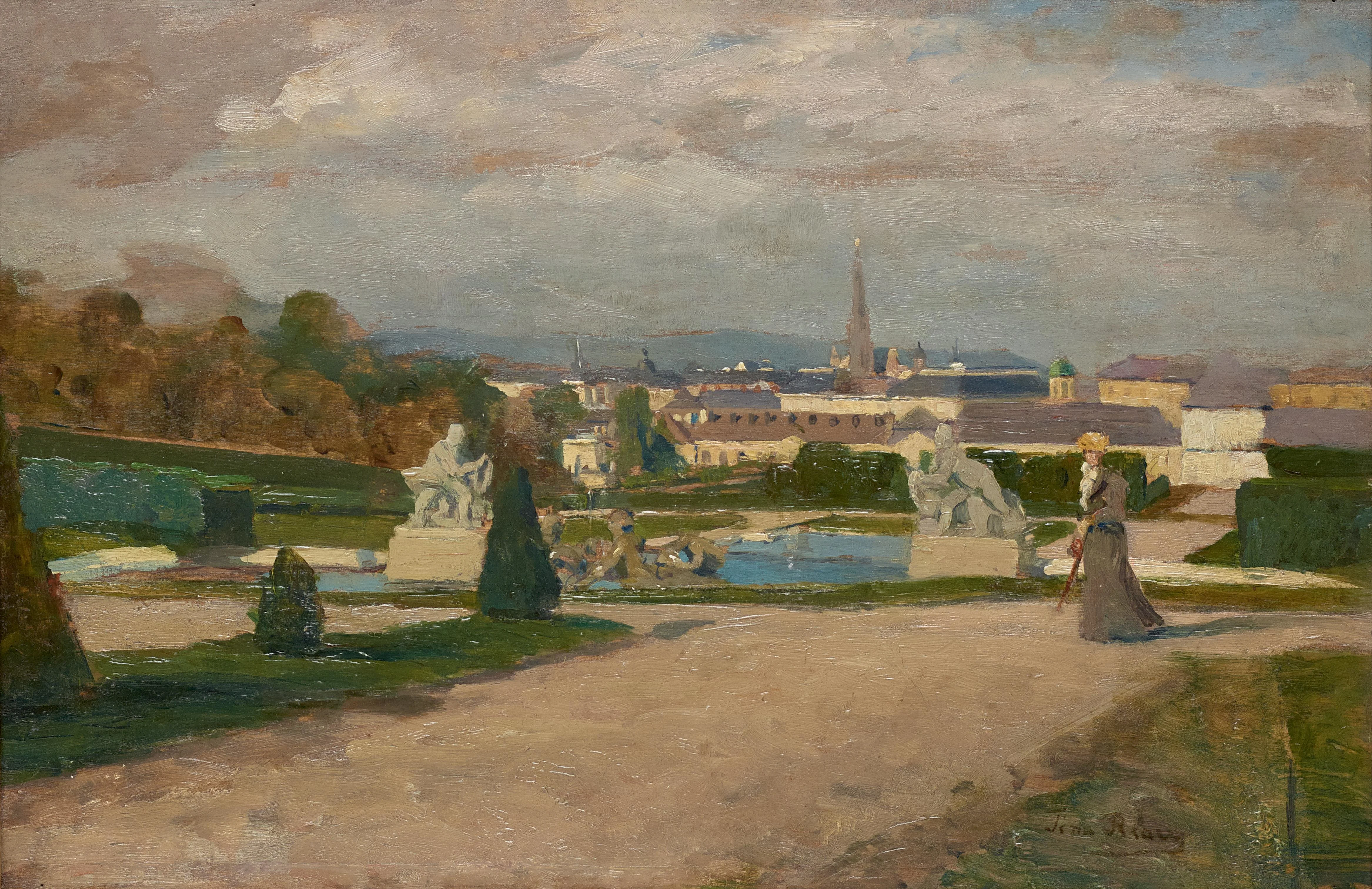 Ein Gemälde eines Parks mit Skulpturen, einem Weg, Bäumen und einem Teich. Im Hintergrund sind Gebäude und ein Kirchturm unter einem bewölkten Himmel zu sehen. Eine Person steht auf dem Weg.