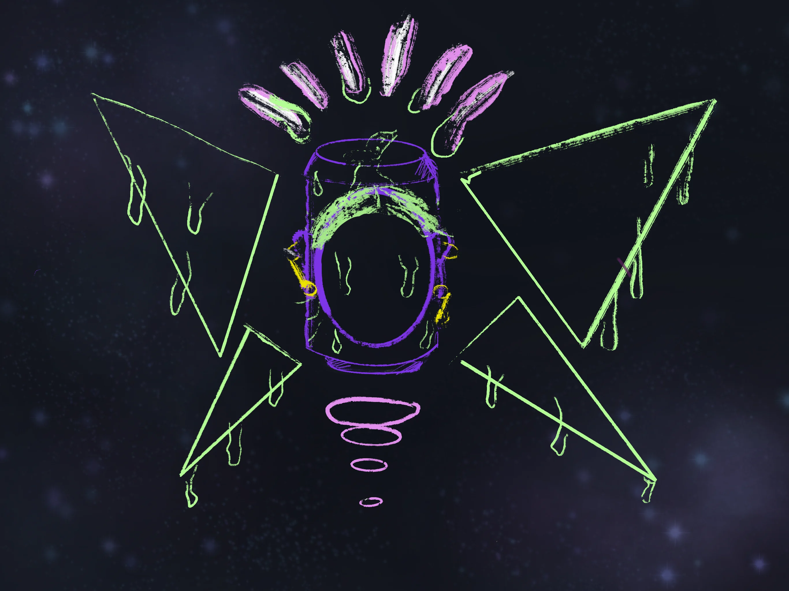 A neon beer can with wings