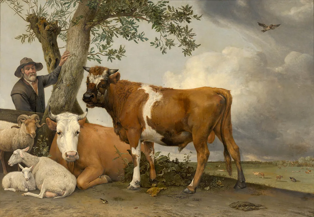 colour painting of a young bull which is standing beside a tree, another cow and some sheep and goats sit under the tree while a man stands nearby 