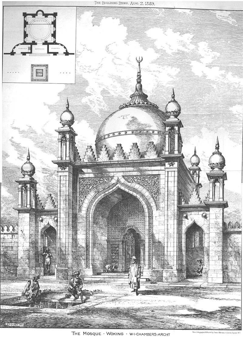 black and white drawing illustration of a mosque building