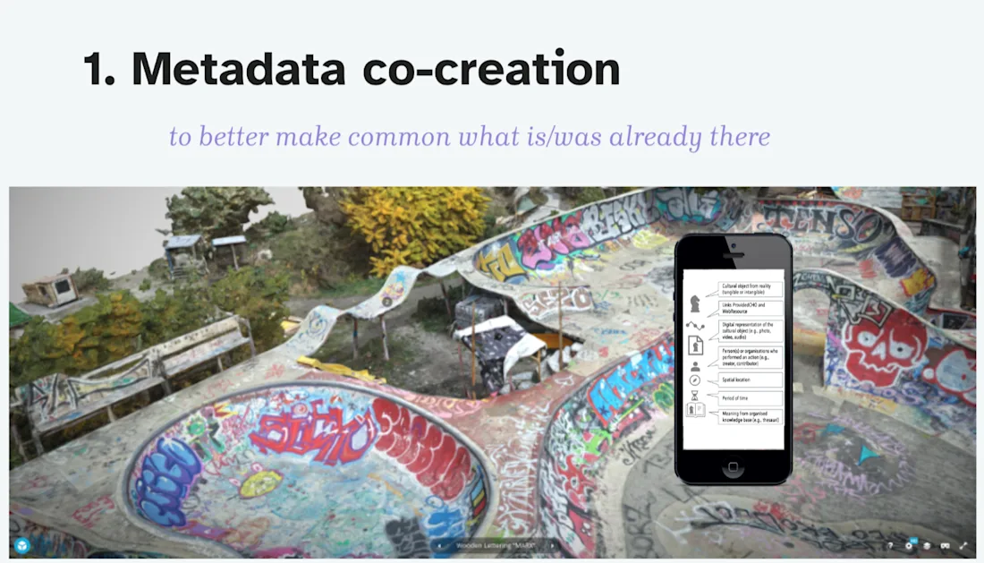 A graffiti-covered skate park with a smartphone displaying metadata options, labeled Metadata co-creation.
