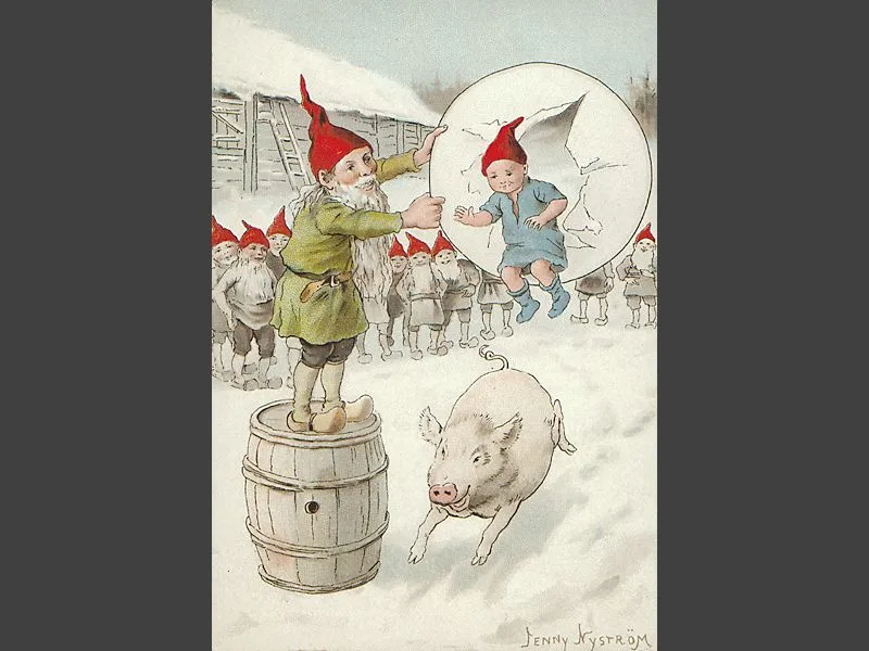 New year's card illustration. A young tomte jumps through a hoop held by an older tomte standing on a barrel. It looks like the young tomte will land on a pig running beneath him. 