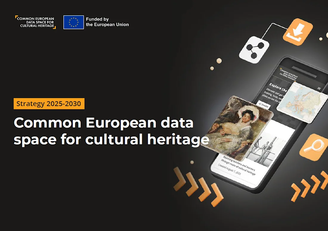 A digital graphic reads “Common European data space for cultural heritage, Strategy 2025-2030” with art images and icons.