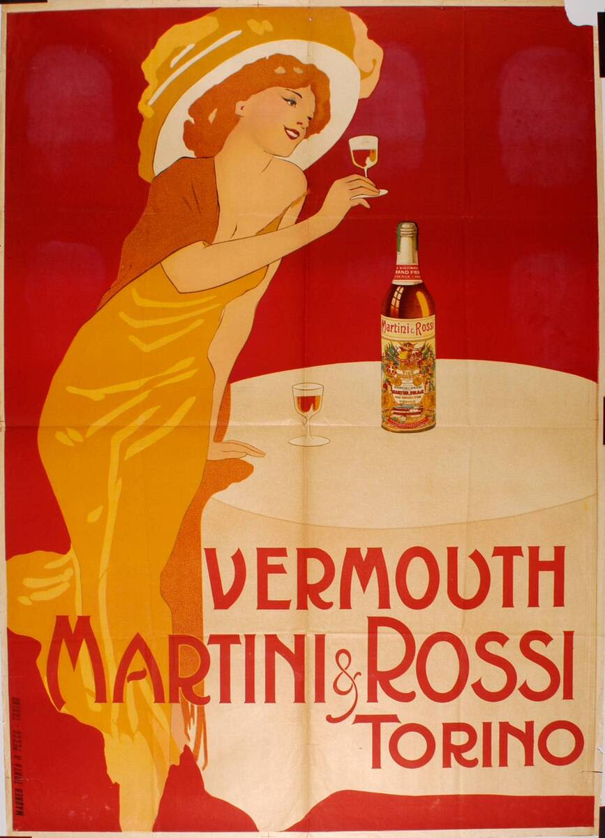 плакат для мартини темно-красного цвета с женской фигурой оранжевого цвета, которая носит шляпу и пьет напиток мартини.