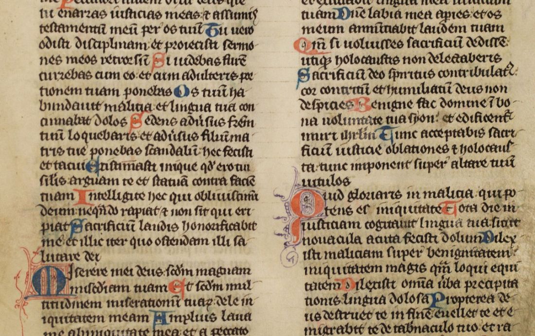 A detail from a Cistercian Bible from Ten Duinen Abbey, showing the verse sung by new readers (column B, first line: D[omi]ne, labia mea ap[er]ies) (Bruges, Public Library, Ms. 2, f. 172r)