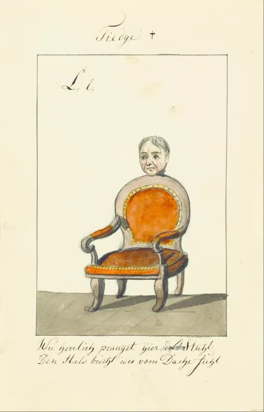 colour illustration showing the head of a man on the back of a chair