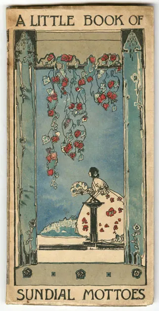 cover of a book with an illustration of a woman standing by a sundial with cascasding red flowers above