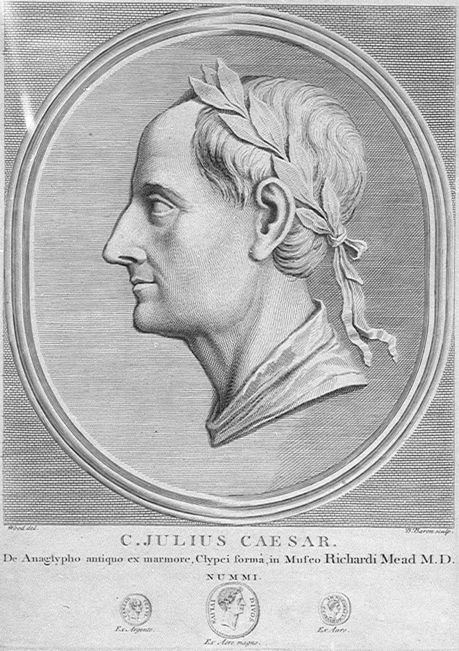 Julius Caeser'in profil portresinin siyah beyaz çizimi