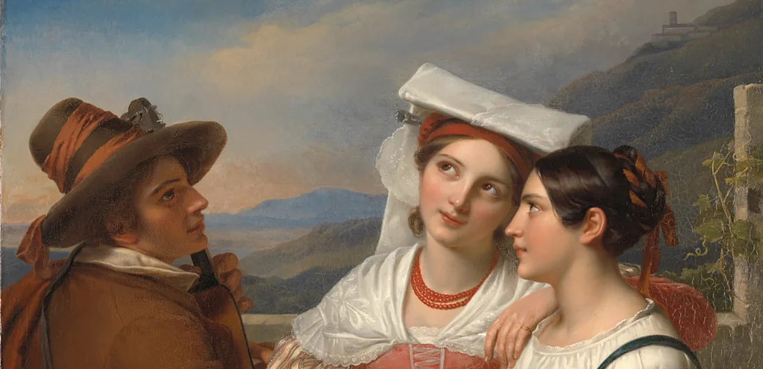 A painting of two women and a man in conversation in an Italiante landscape.