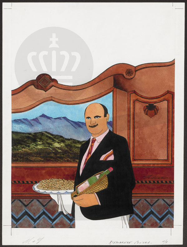 waiter holding a bottle of wine and plate of food