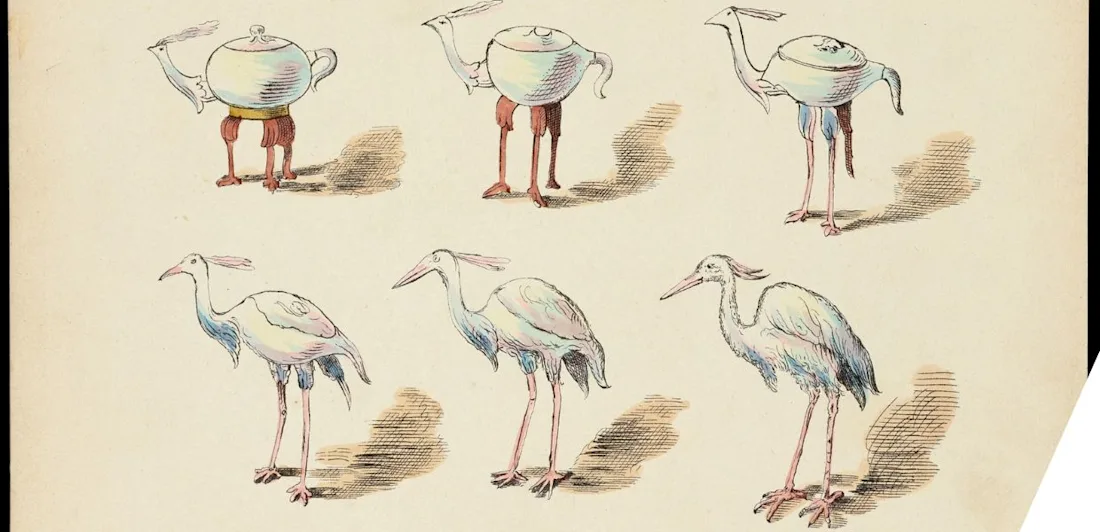 Cartoon showing a stork evolving into a teapot