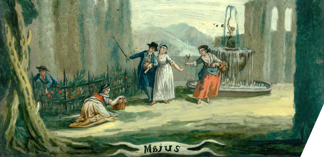 A man and a woman walking in a landscape with a fountain. A woman hands them a bunch of flowers while another picks some and places them in her basket.