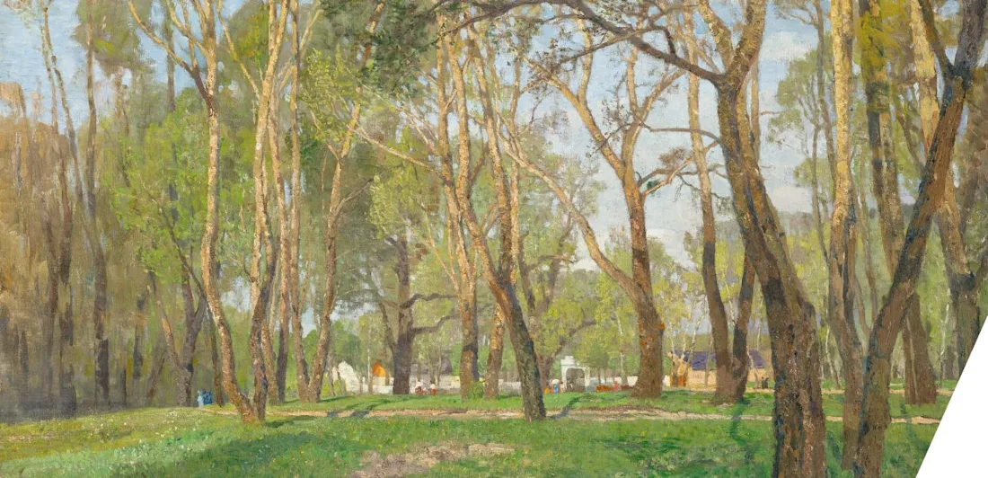 This painting shows a peaceful forest scene with tall, thin trees and sunlight filtering through the leaves. In the background, there are small buildings, hinting at a nearby village. 