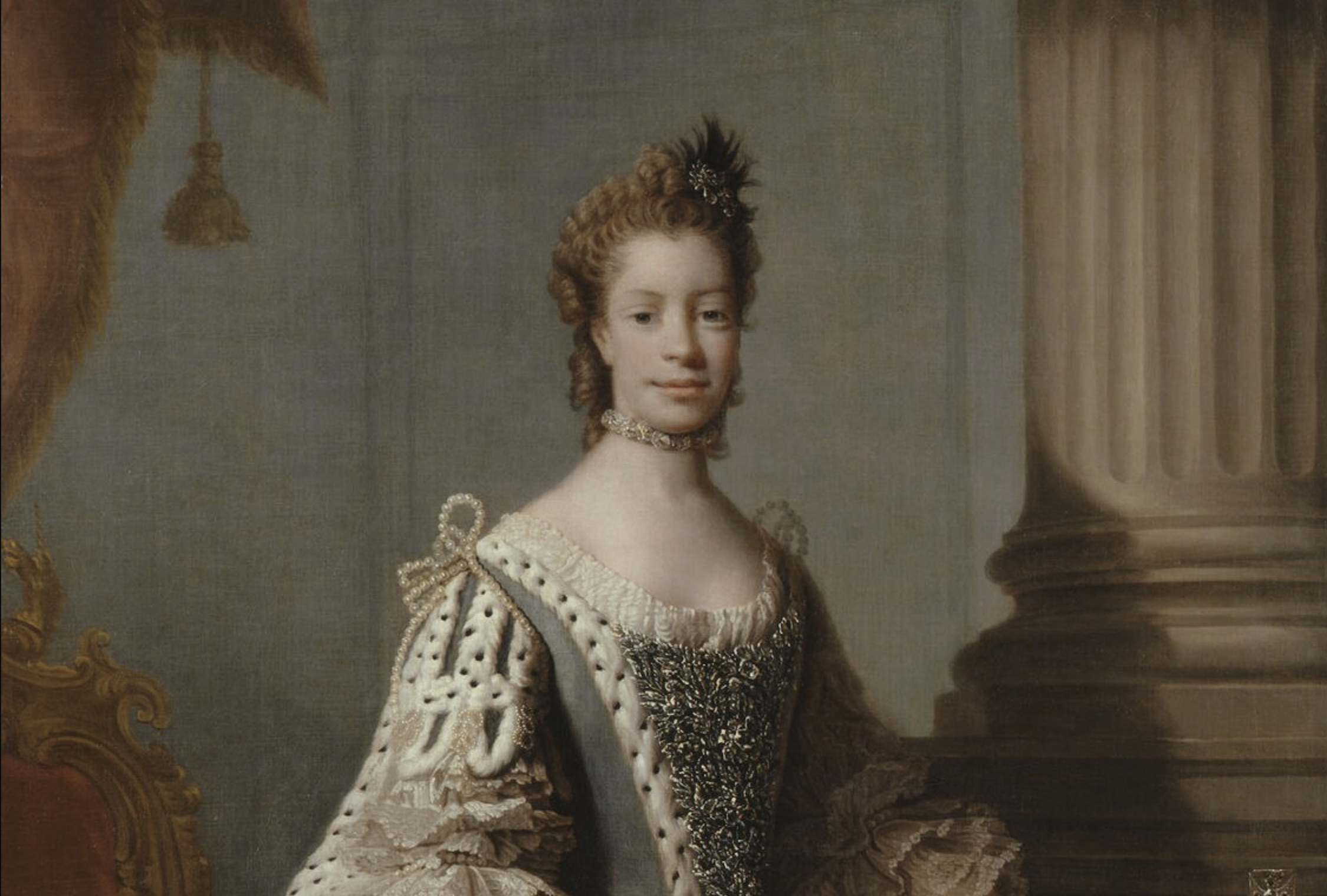 colour painting of Queen Charlotte wearing a long gold and white gown with a cape