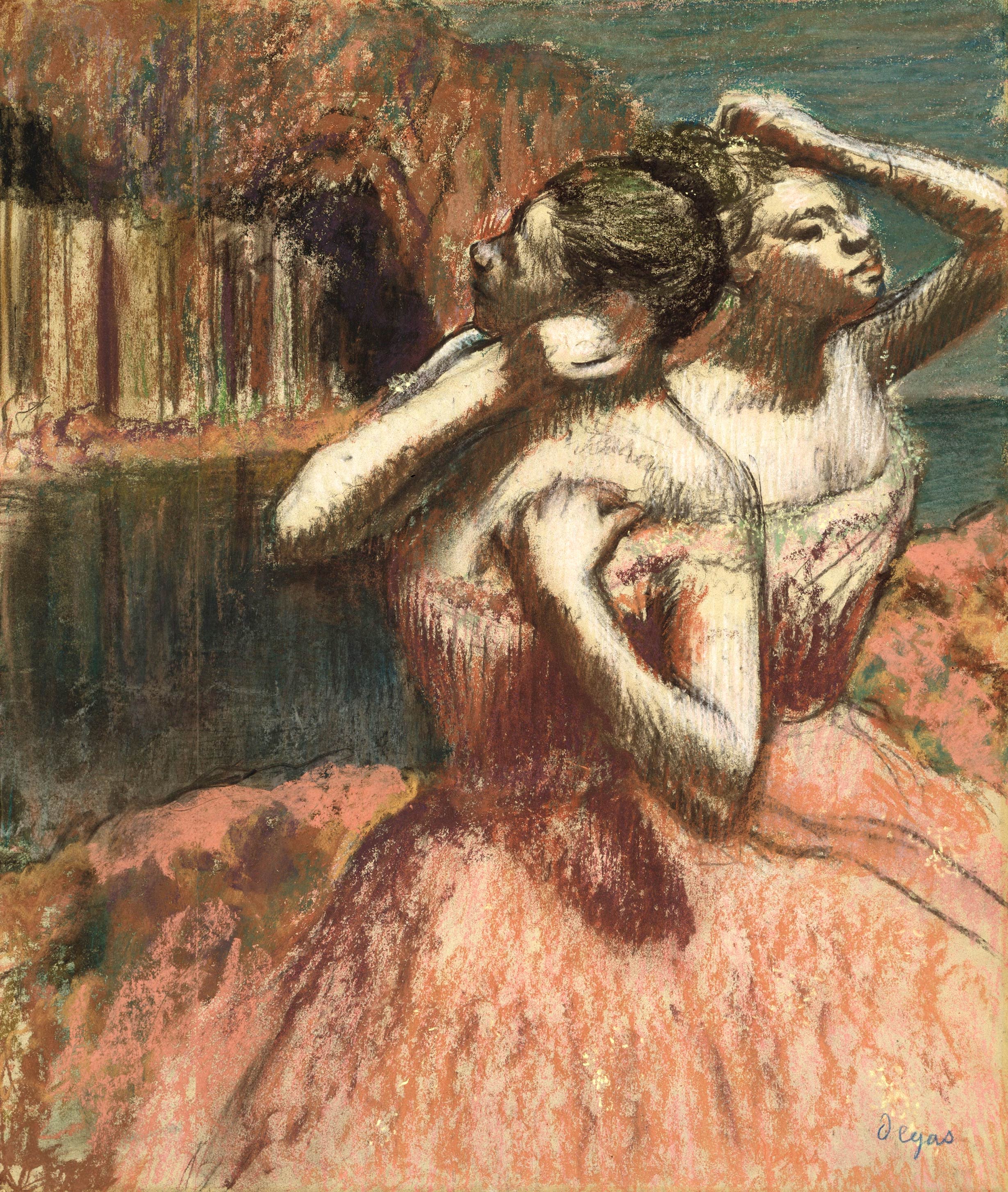 painting showing two ballerina wearing peach-coloured tutus.